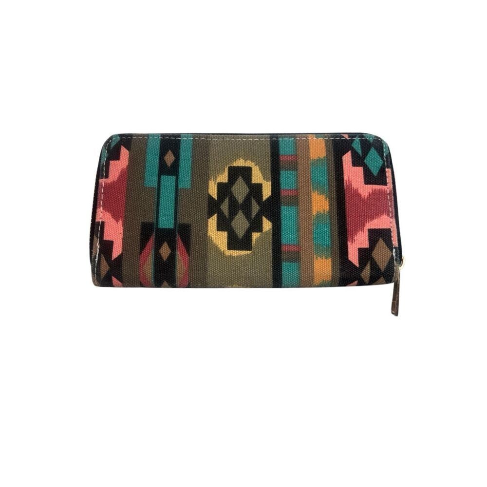 Southwestern Aztec Print Zip-Around Wallet Canvas Multi-Color